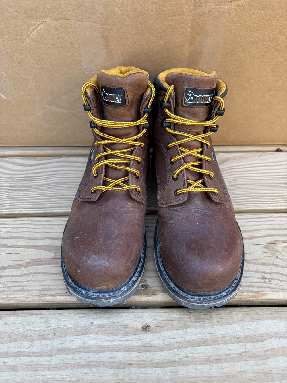 Rocky Brown Work Boots with Yellow Laces and Trim